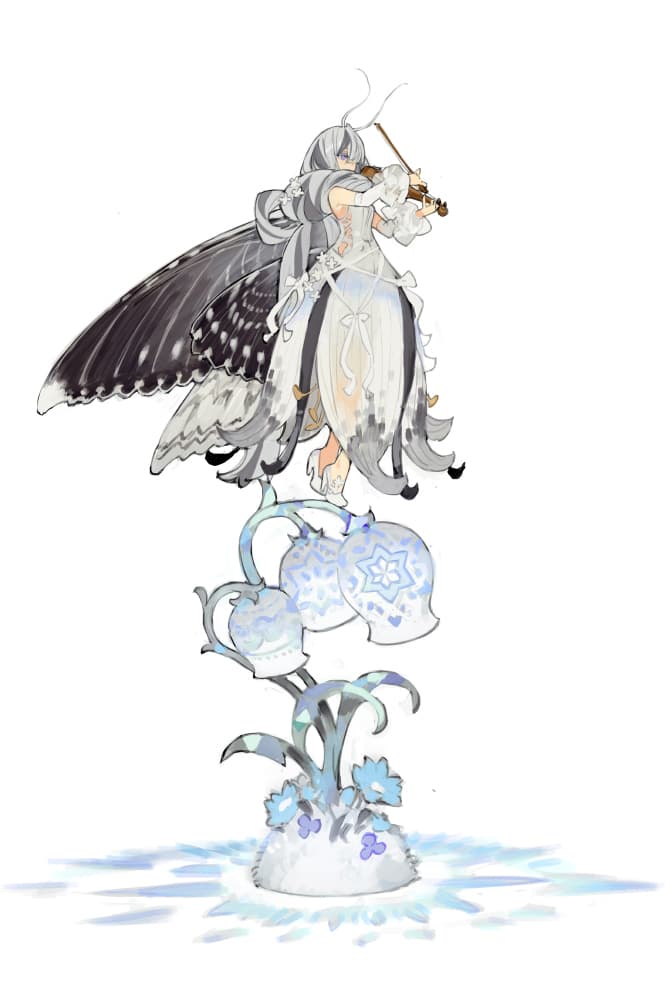 Moth girl playing the violin on top of a ceramic flower